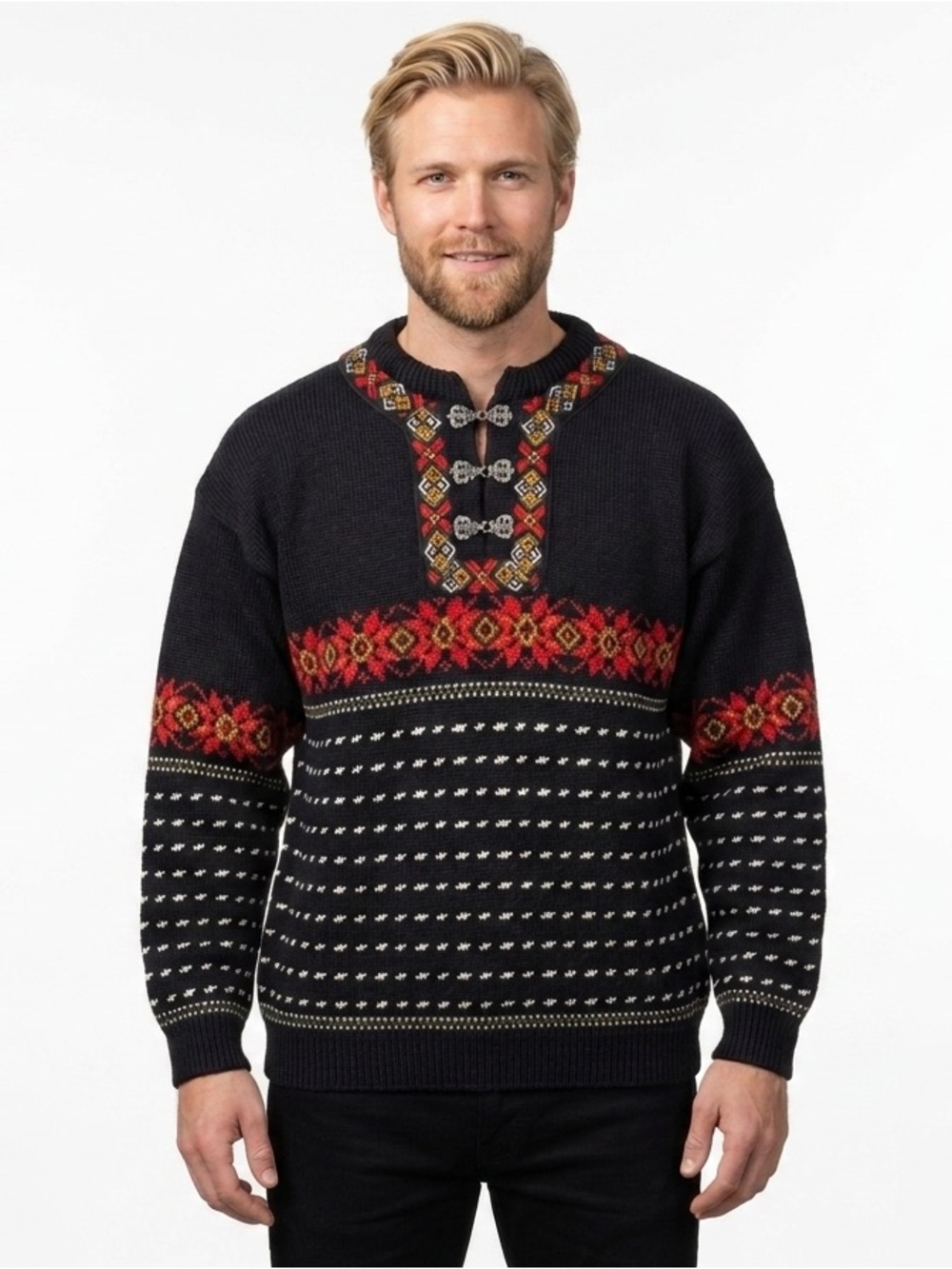 Norwool XL Vintage Norwegian 100% Wool Fair Isle Sweater Pewter Clasps Black Red